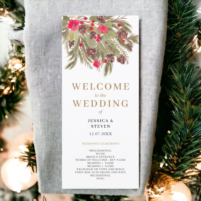 Programme de mariage vert rouge pour pin d'hiver (Winter pine elegance red green wedding program)