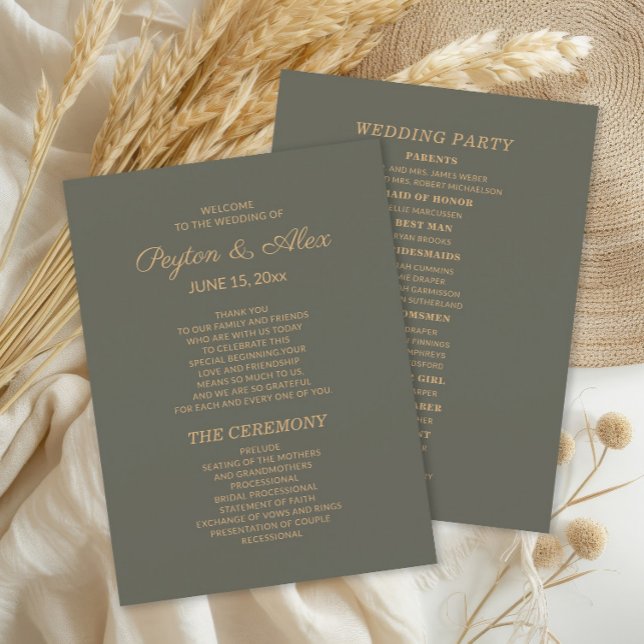 Programme de mariage vert sauge foncé pour la mari (Olive/sage green 2-sided wedding program including the wedding party.)