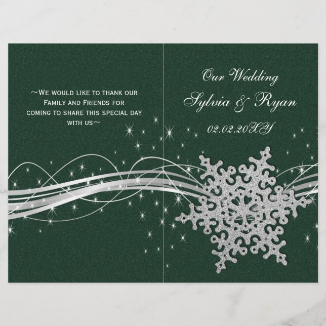 programme de mariage vert Silver Snowflakes plié (Devant)