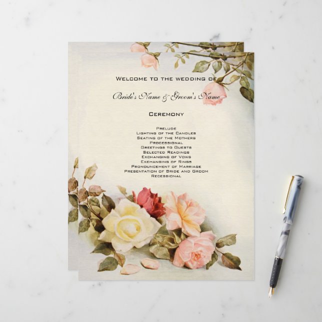 Programme de mariage vintage antique fleur de jard (Devant/Arrière en situation)