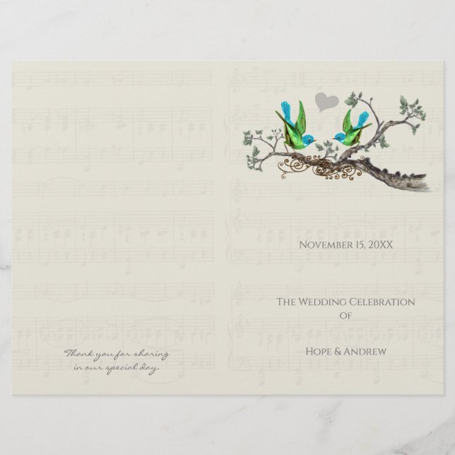Programme de mariage vintage Birds bleu et vert (Devant)