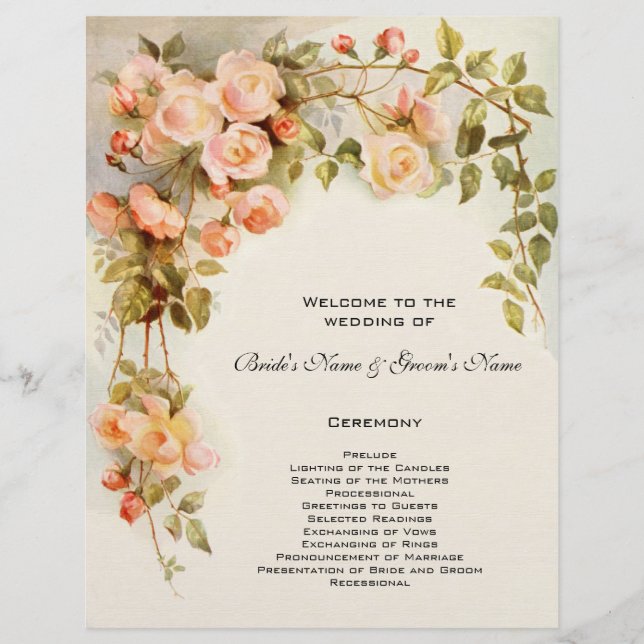 Programme de mariage vintage, fleurs roses florale (Devant)