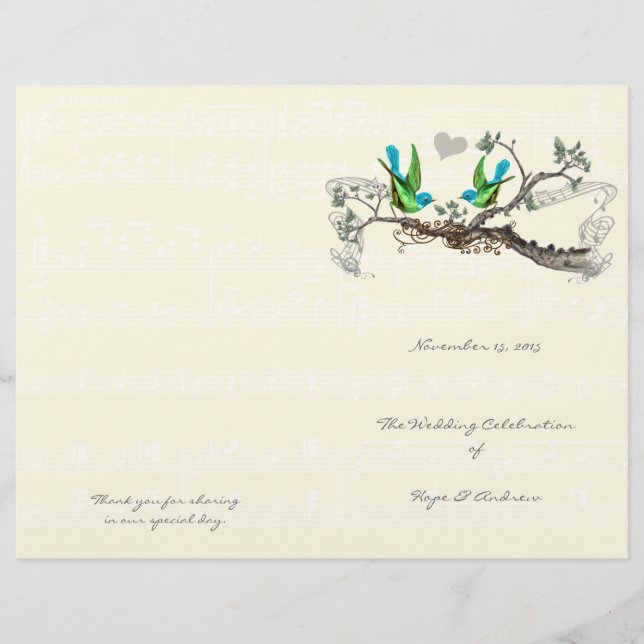 Programme de mariage vintage oiseaux bleu et vert (Devant)