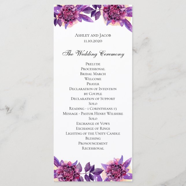 Programme de mariage violet. Cérémonie de fleurs a (Devant)