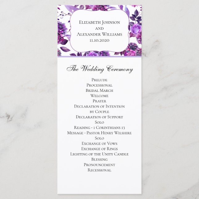 Programme de mariage violet. Cérémonie florale à l (Devant)
