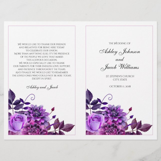 Programme de mariage violet plié. Cérémonie à l'ég (Devant)