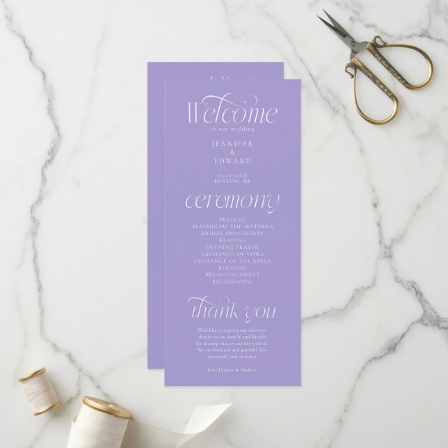 Programme de mariage Violet Typographie Moderne (Devant/Arrière en situation)