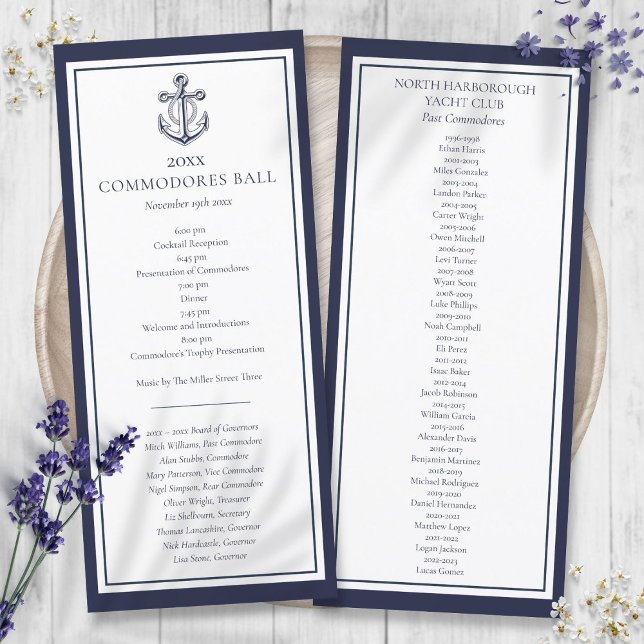 Programme de menu bleu marine du Yacht Club  (Yacht Club Nautical Navy Blue Menu Program)
