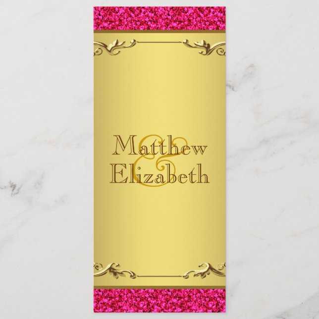 Programme de menu de mariage rose chaud et or (Devant)