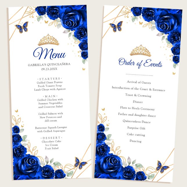 Programme de Menu de Quinceanera Floral Bleu Royal (Créateur téléchargé)