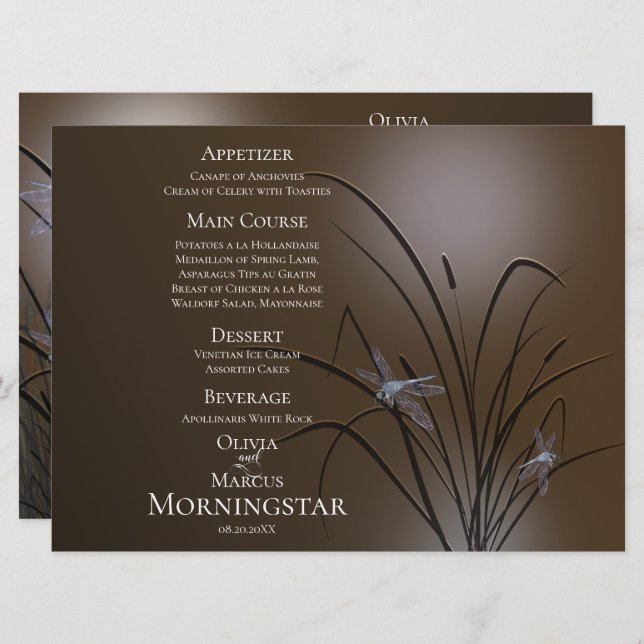 Programme de menu mariage | Dragonfly Mocha douce (Devant / Derrière)