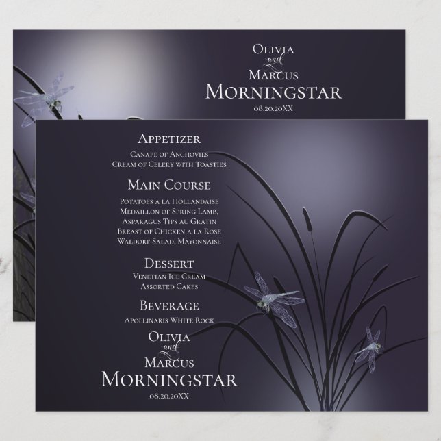 Programme de menu mariage | Dusty Plum Dragonfly (Devant / Derrière)