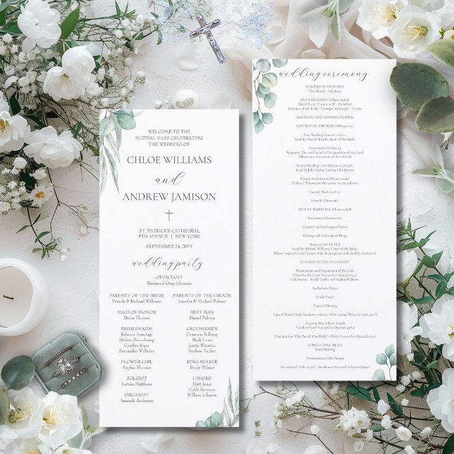 Programme de messe de mariage catholique Elegant G (The elegant Chloe Catholic wedding program features watercolor greenery and white flowers)