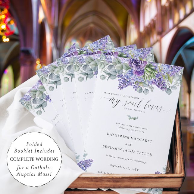 Programme de messe de mariage catholique Katherine (Elegant folded Catholic wedding program for full nuptial mass with purple succulents and greenery)
