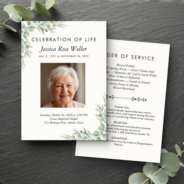 Programme de photos de célébration de la vie d'euc (Order of Service card from the Eucalyptus Celebration of Life collection by Darling & May)