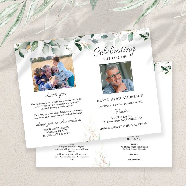 Programme de photos funéraires commémoratives de l (Celebrating life memorial service, program memorial service greenery photo. funeral program)