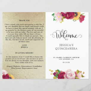 Programme de Quinceanera d'or rouge et de fleurs j