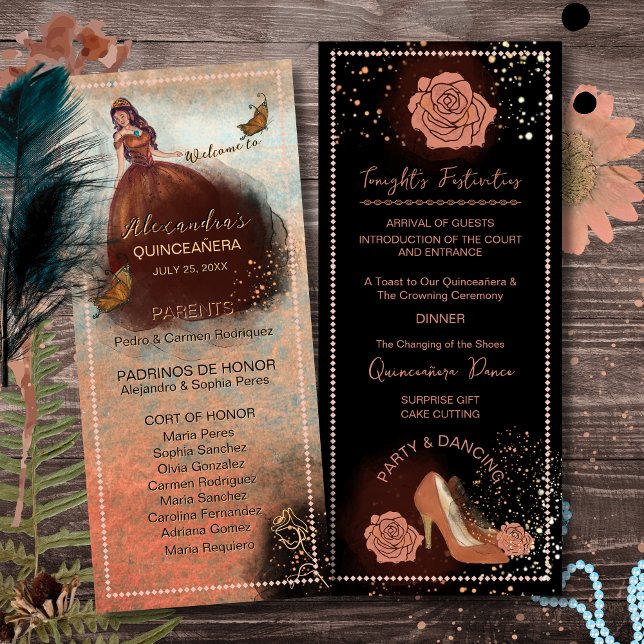 Programme de Quinceañera en cuivre métallisé Elega (Elegant Vintage Copper Rose Quinceañera Program)