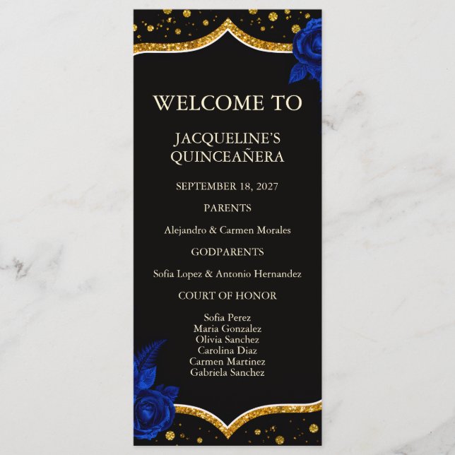Programme de Quinceanera Floral Bleu Royal Or (Devant)