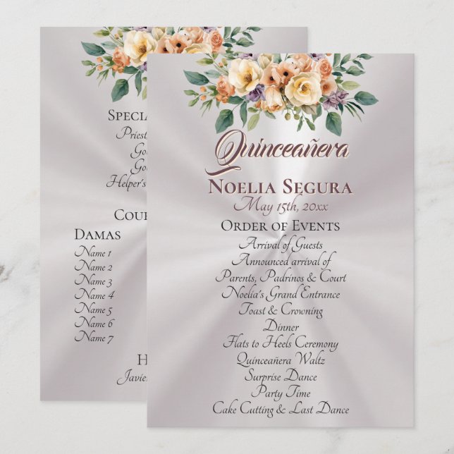 Programme de Quinceañera Floral Crème - Blanc Perl (Devant / Derrière)