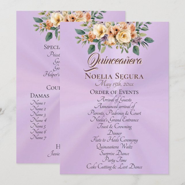 Programme de Quinceañera Floral Crème - Lavande (Devant / Derrière)