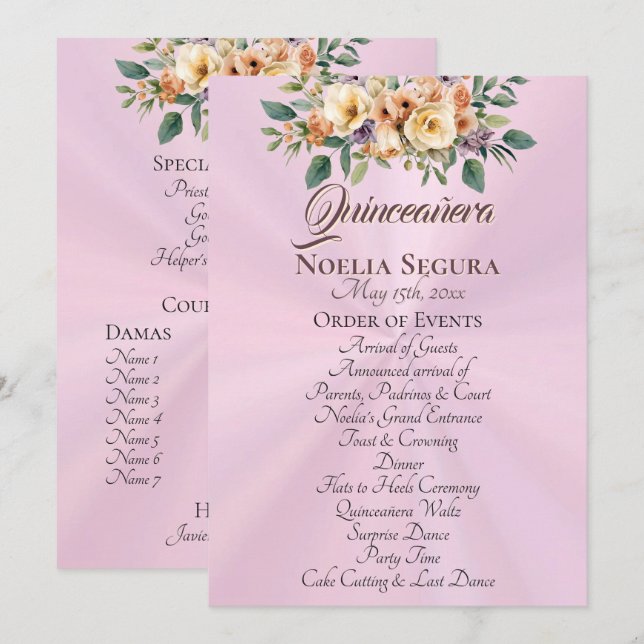 Programme de Quinceañera Floral Crème - Rose Pâle (Devant / Derrière)