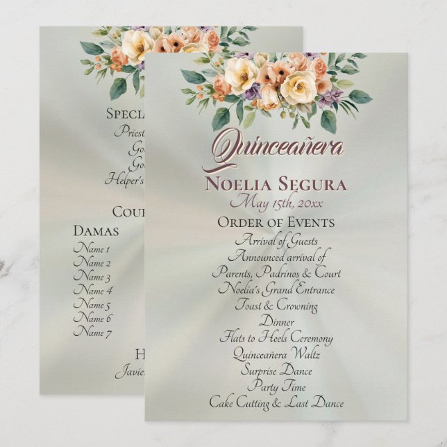 Programme de Quinceañera Floral Crème - Sauge Past (Devant / Derrière)