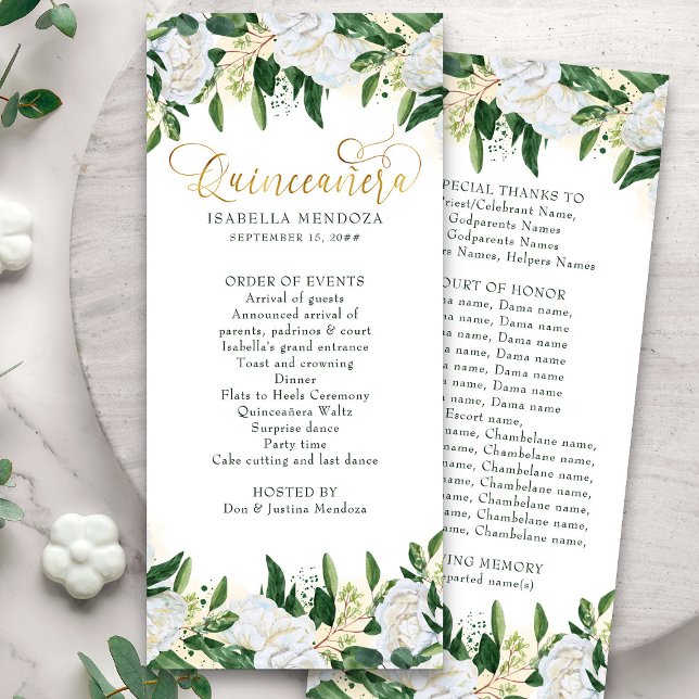 Programme de Quinceanera Florale de pivoine verte  (Quinceanera program and order of events from my Emerald Greenery & White Peony collection)