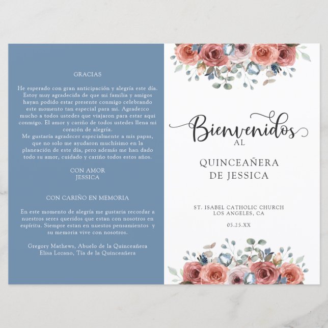 Programme de Quinceanera Florale Espagnol, Bleu et (Devant)