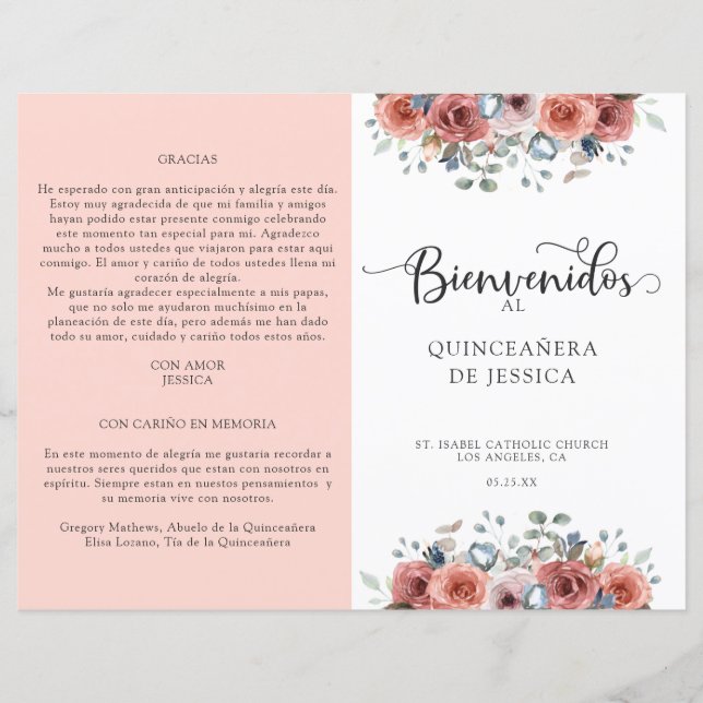 Programme de Quinceanera Florale Espagnol, Bleu et (Devant)