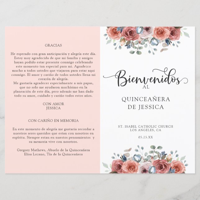Programme de Quinceanera Florale Espagnol, Bleu et (Devant)