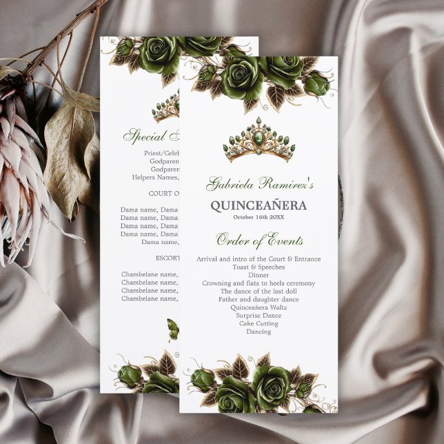 Programme de Quinceañera Roses Dorées Vert Émeraud (Créateur téléchargé)