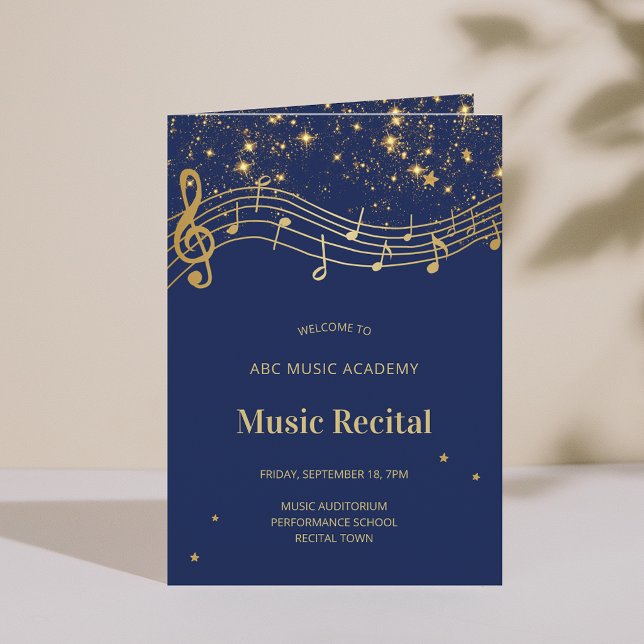 Programme de récital de musique bleu or élégant (Elegant Blue Gold Music Recital Program)