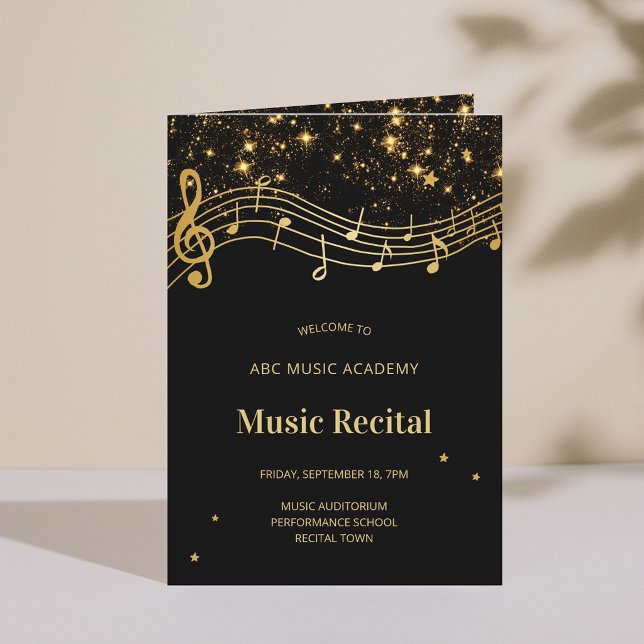 Programme de récital de musique élégant noir et or (Elegant Black Gold Music Recital Program)