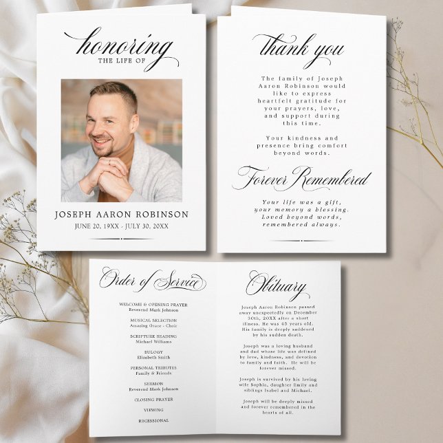 Programme de service commémoratif de photo simple (FRONT, INSIDE & BACK OF FUNERAL PROGRAM)