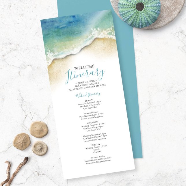 Programme de week-end de mariage à la plage océan  (Wedding welcome itinerary watercolor seashore art by Victoria Grigaliunas of Do Tell A Belle)