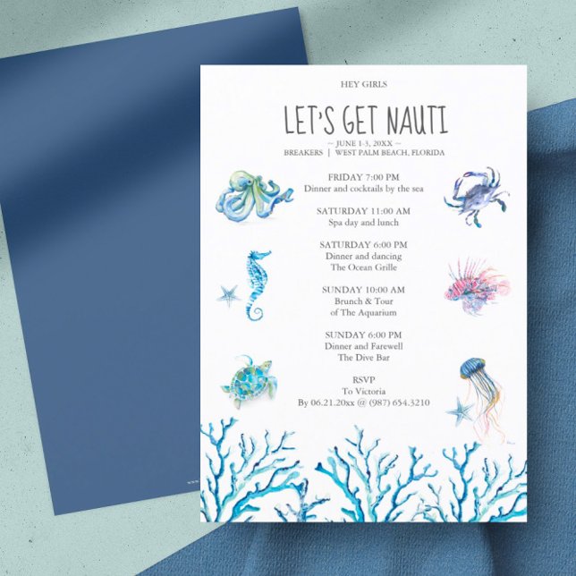 Programme de week-end d'enterrement de vie de jeun (bachelorette party invitation beach watercolor art by Victoria Grigaliunas)