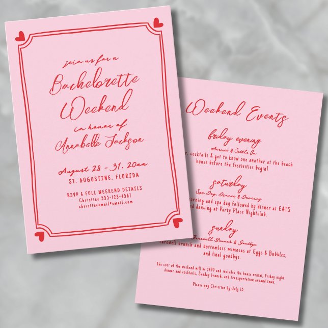 Programme de week-end pour filles roses et rouges  (Pink And Red Girls Weekend Itinerary Bachelorette Invitation)
