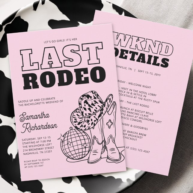 Programme de week-end pour l'enterrement de vie de (Disco Cowgirl Bachelorette Party Weekend Itinerary Invitation)