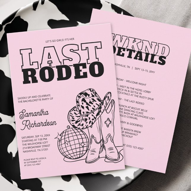 Programme de week-end pour l'enterrement de vie de (Disco Cowgirl Bachelorette Party Weekend Itinerary Invitation)