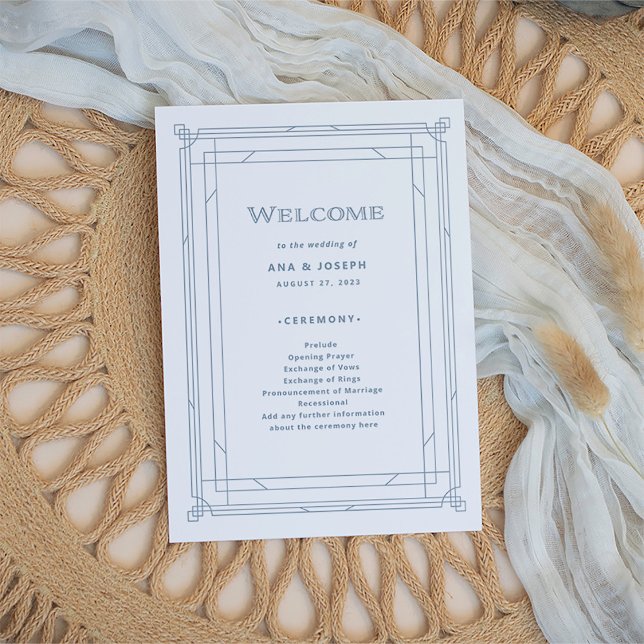 Programme Déco moderne | Elégant Mariage blanc et bleu pouss (An elegant art deco style wedding program, in dusty blue on a white background)