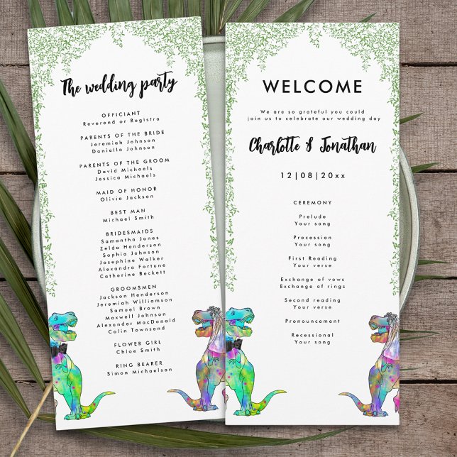 Programme Dinosaure coloré Mariage à thème (Colorful T-Rex bride and groom dinosaur wedding day program)