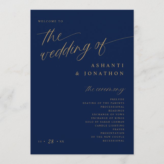 Programme Douce Mariage Romantique Sombre Bleu Nuit et Or (Devant)