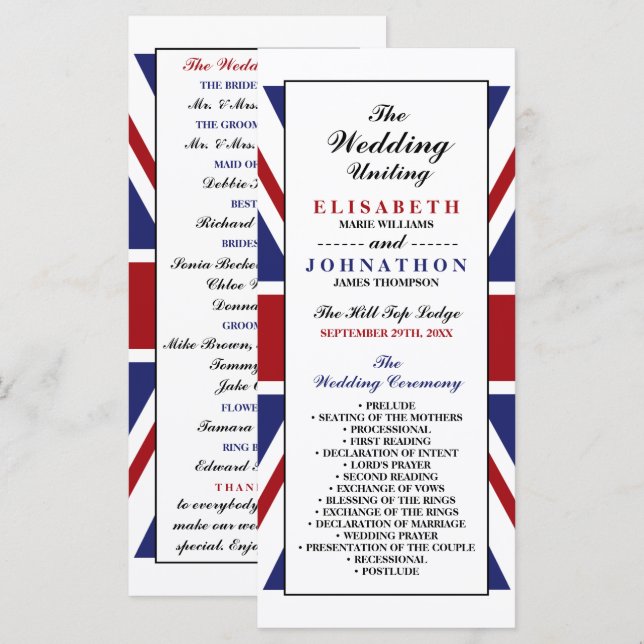 Programme Drapeau Union Jack Mariage britannique (Devant / Derrière)
