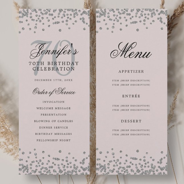 Programme du 70e anniversaire Menu Argent Rose Pâl (70th Birthday Program Silver Menu Blush Pink )