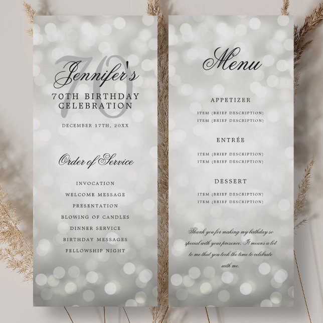 Programme du 70e anniversaire Menu Bokeh argenté (70th Birthday Program Silver Bokeh Menu)