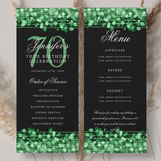 Programme du 70e anniversaire Menu Vert+Remercieme (70th Birthday Program Green Menu+Thank You)