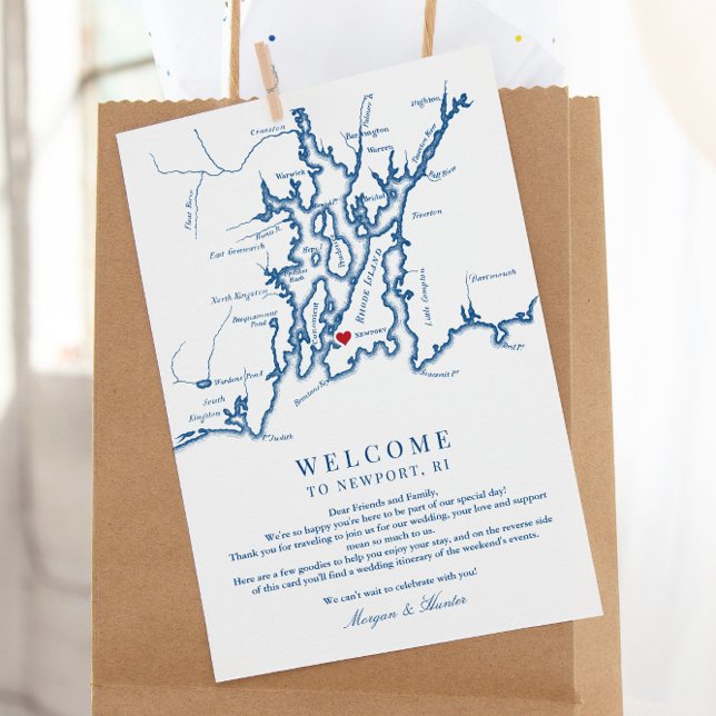 Programme du week-end de bienvenue pour un mariage (These Newport Rhode Island wedding welcome letters include a weekend events itinerary on the back)