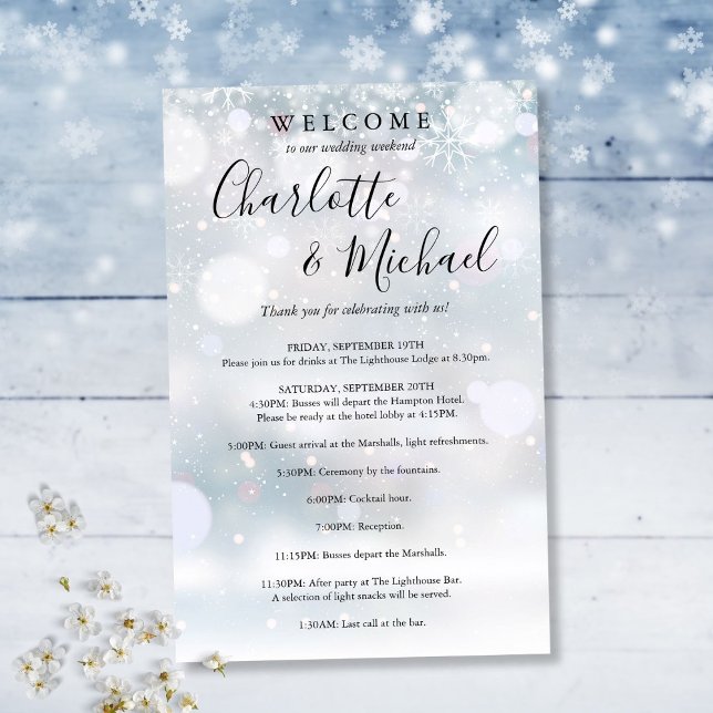 Programme du week-end de mariage de la fête des fl (Winter Snowflakes Guest Wedding Weekend Program)