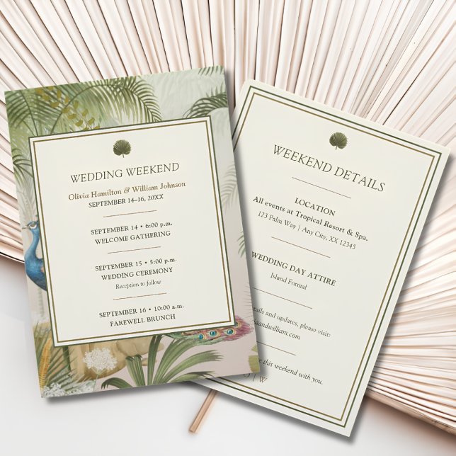 Programme du week-end de mariage Peacock Palm (Peacock Palm wedding weekend itinerary with a tropical patterned front and coordinating ivory back)